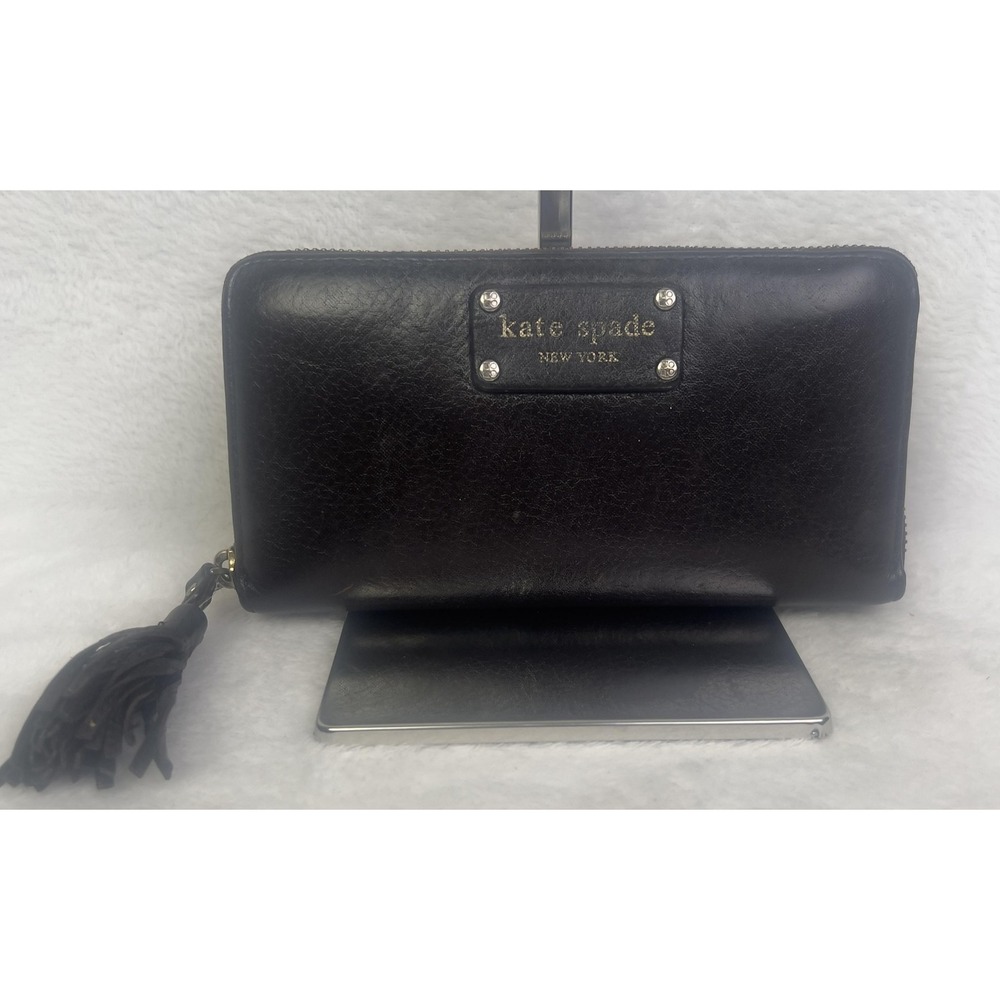 Kate Spade Wallet Womens One Size Black Leather Zip Around Tassel Credit Card
